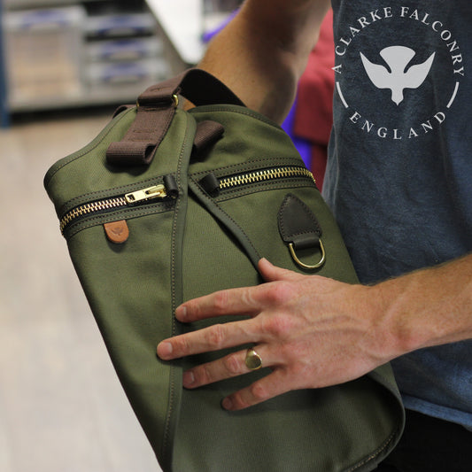 An alternate view of our Stretton Falconry bag. Complete, folded, and ready to ship!