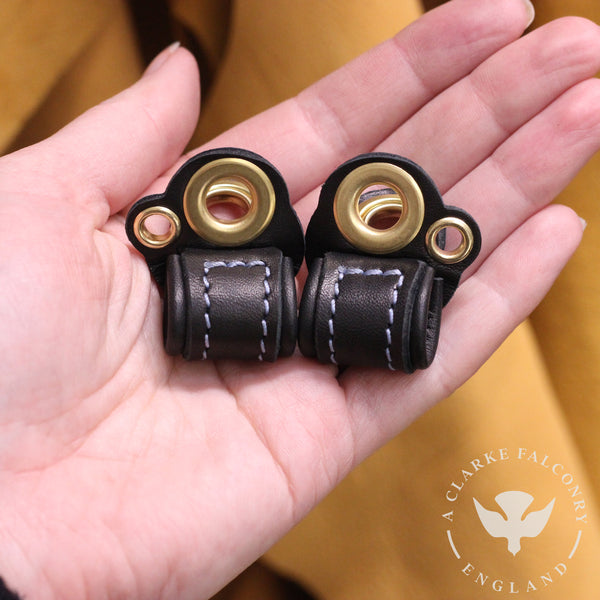 Bespoke lined anklets with additional eyelet for a Red Shouldered Hawk.